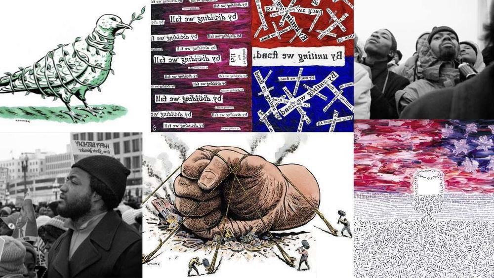 a collage of images from an art gallery about liberty and justice 